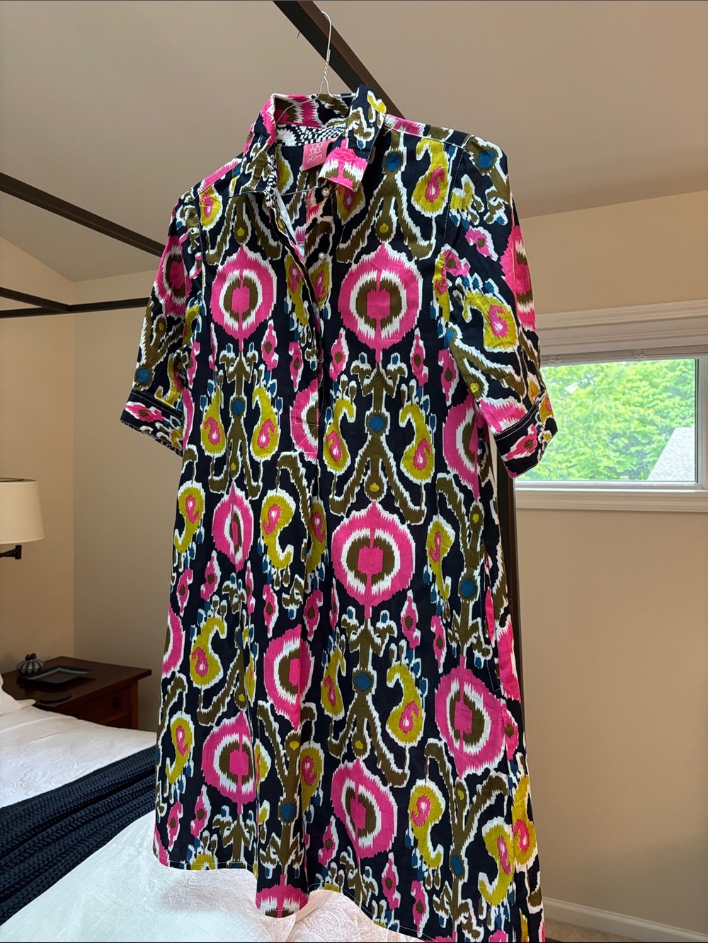 Just Darviny Vibrant Ikat Print Button-Front Dress - Pink, Olive & Navy